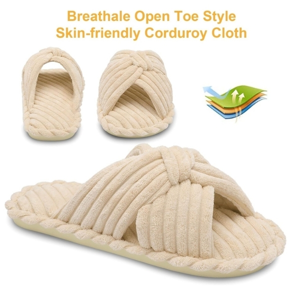 Women's Cross Band Bow Slippers Cozy Open Toe House Shoes Corduroy, BEIGE - Picture 6 of 9